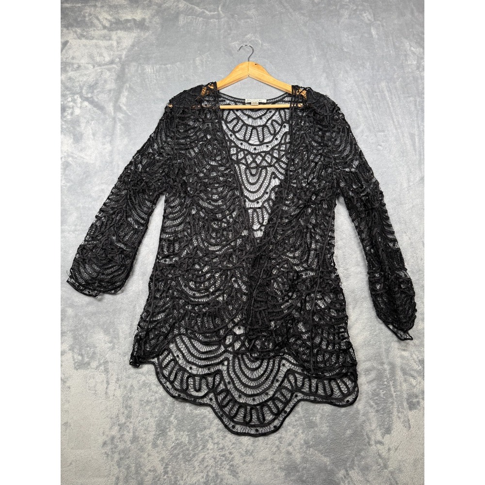 Soulmates Cardigan Top Womens Large Black 100% Silk Lace Sheer Goth Open Front